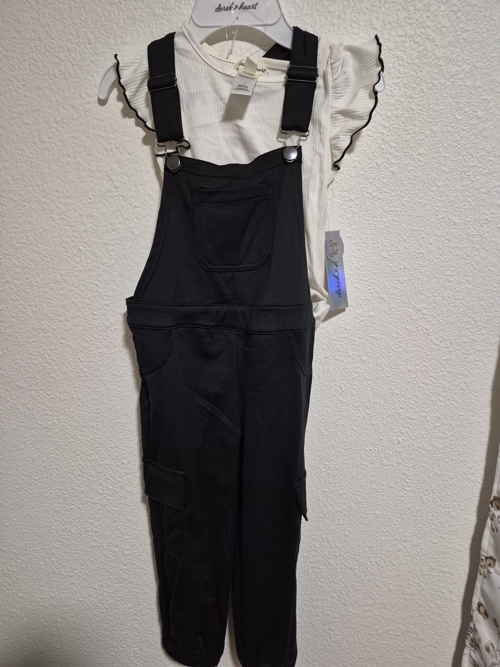 Derek Heart Black Overalls with White Ruffle Sleeve Top - Girls Matching Set